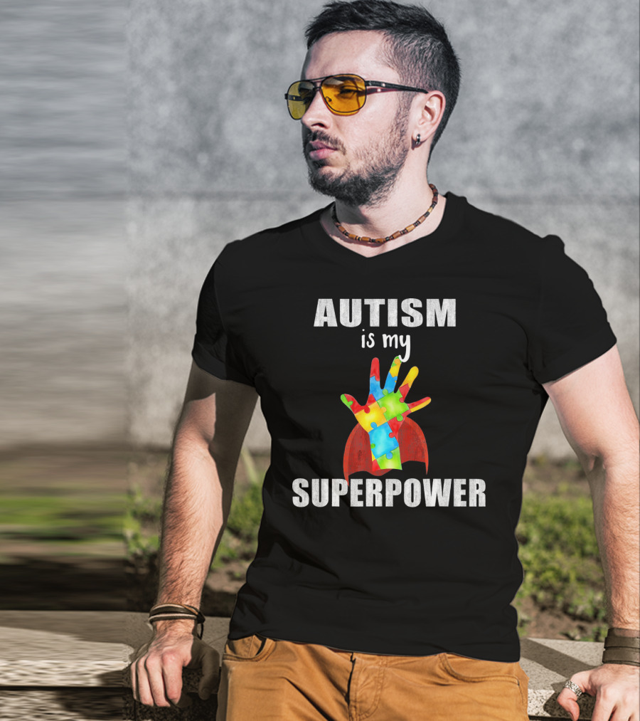 Autism Is My Superpower Hand With Puzzle Pieces And Cape T-Shirt