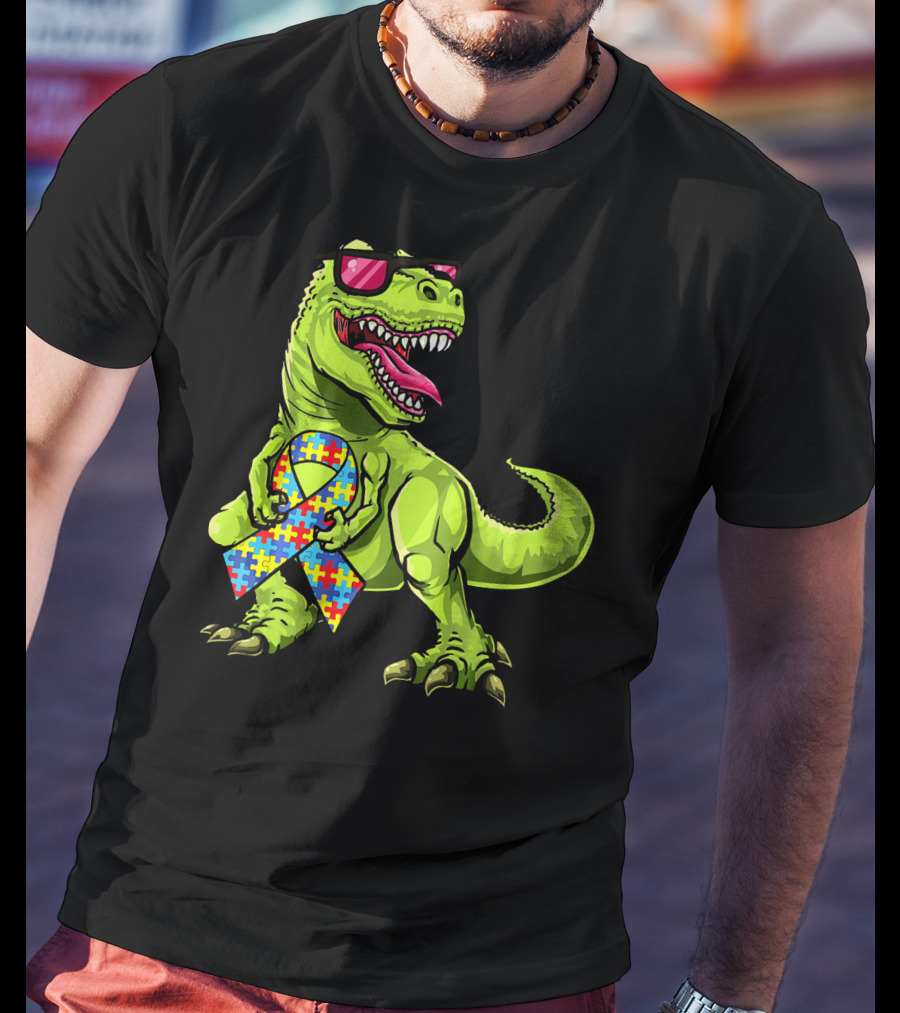 Dinosaur Rex With Autism Awareness Puzzle Ribbon And Sunglasses T-Shirt