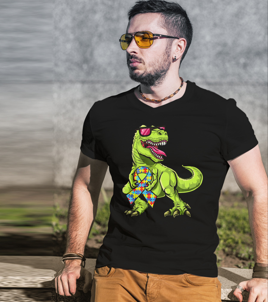Dinosaur Rex With Autism Awareness Puzzle Ribbon And Sunglasses T-Shirt
