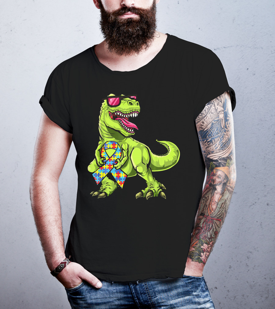 Dinosaur Rex With Autism Awareness Puzzle Ribbon And Sunglasses T-Shirt