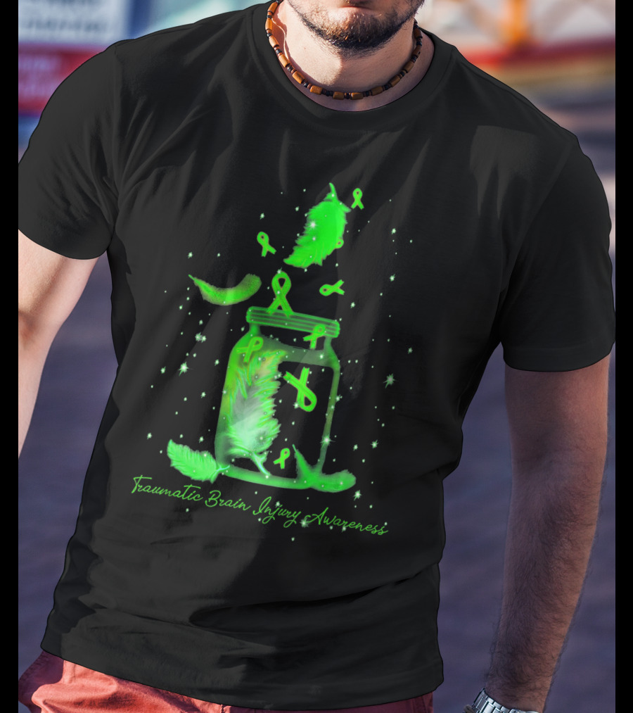 Traumatic Brain Injury Awareness Dream Jar With Green Ribbons And Feathers T-Shirt