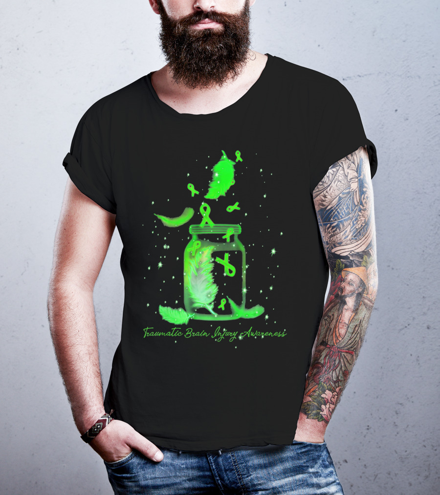Traumatic Brain Injury Awareness Dream Jar With Green Ribbons And Feathers T-Shirt