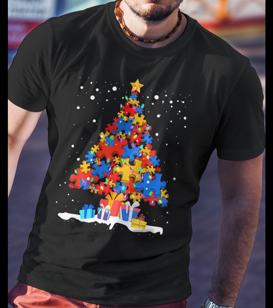 Autism Puzzle Pieces Christmas Tree With Presents Snowflakes T-Shirt