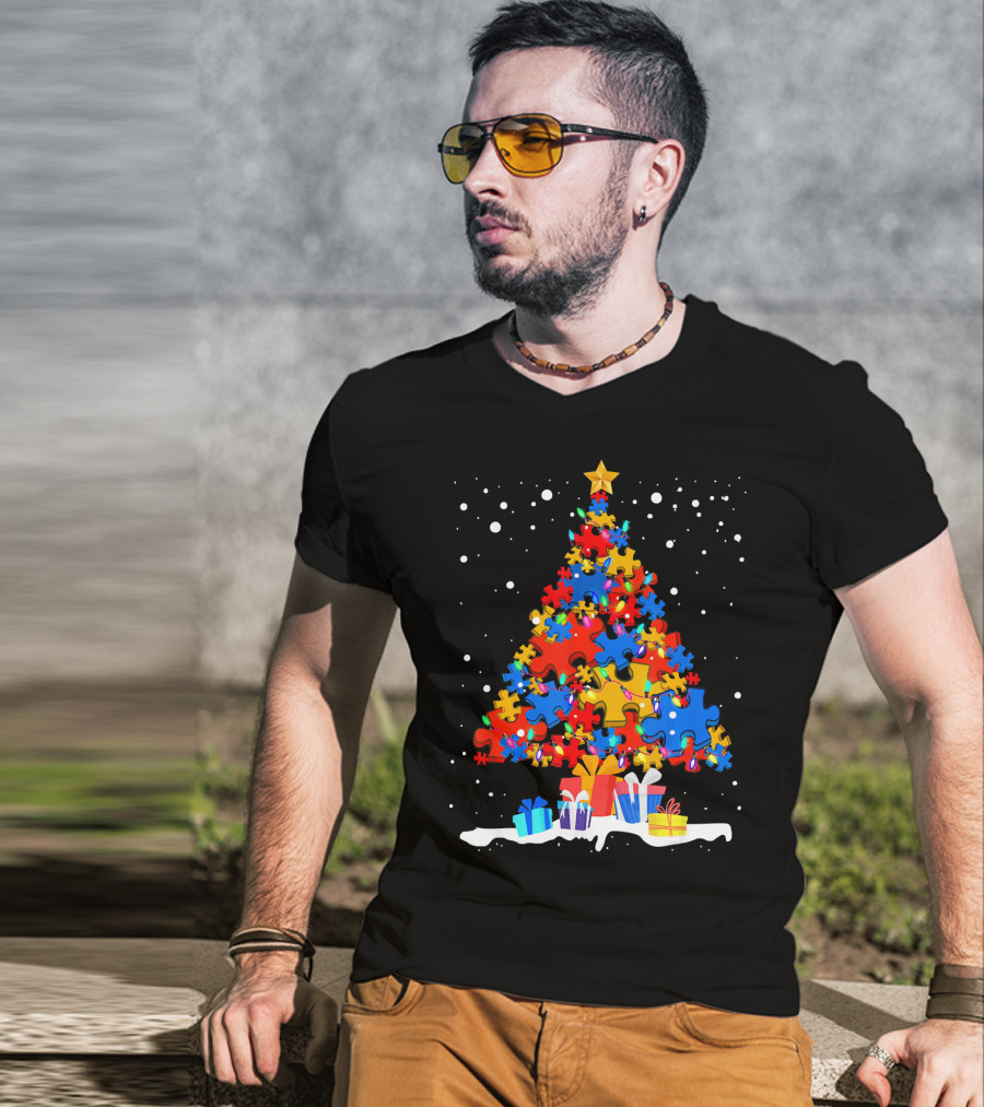 Autism Puzzle Pieces Christmas Tree With Presents Snowflakes T-Shirt