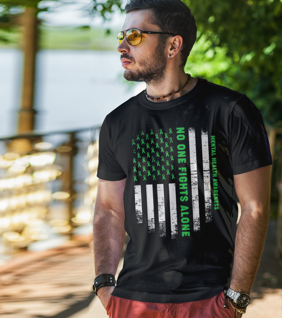 No One Fights Alone USA Flag Mental Health Awareness T-Shirt
