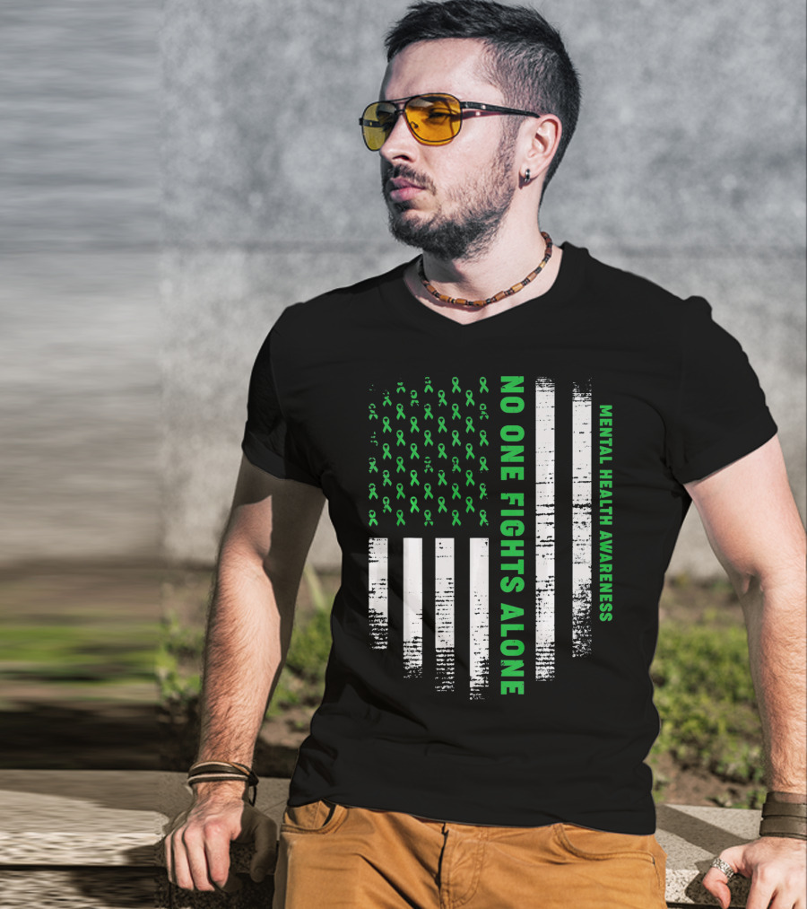 No One Fights Alone USA Flag Mental Health Awareness T-Shirt