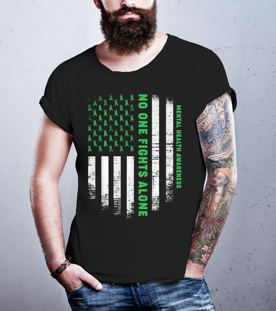 No One Fights Alone USA Flag Mental Health Awareness T-Shirt