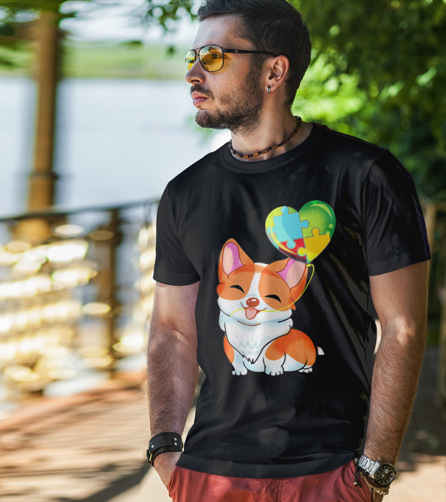 Autism Awareness Corgi Puppy With Heart Balloon Puzzle T-Shirt