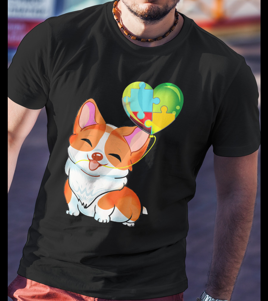Autism Awareness Corgi Puppy With Heart Balloon Puzzle T-Shirt