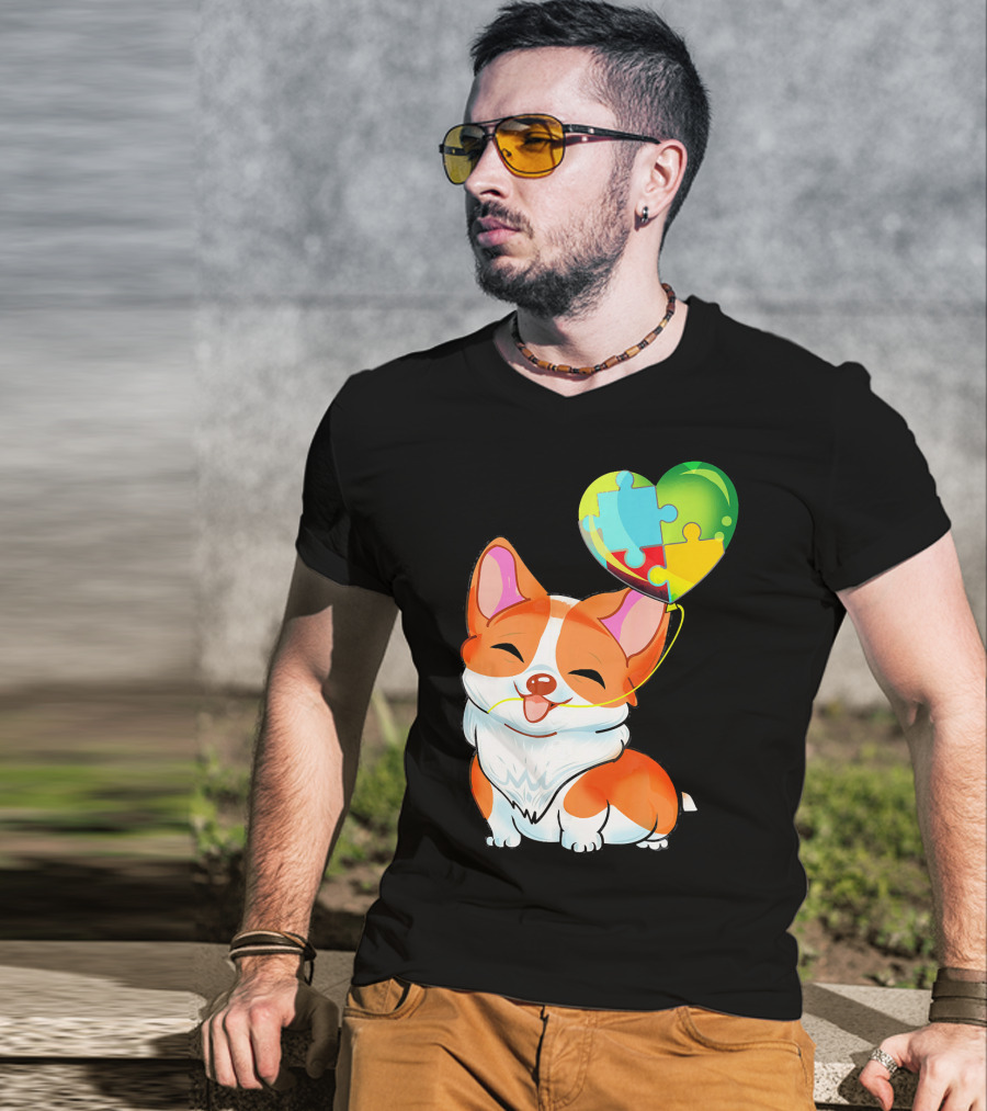 Autism Awareness Corgi Puppy With Heart Balloon Puzzle T-Shirt