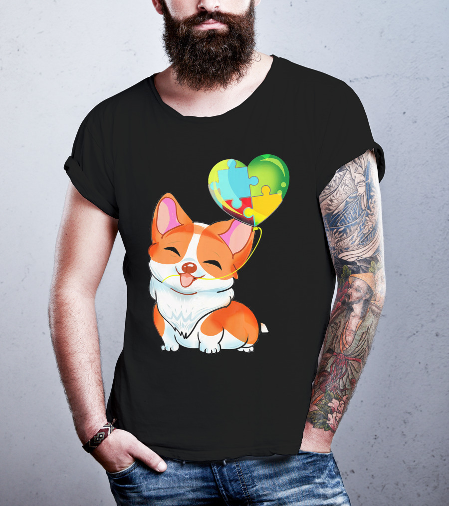 Autism Awareness Corgi Puppy With Heart Balloon Puzzle T-Shirt
