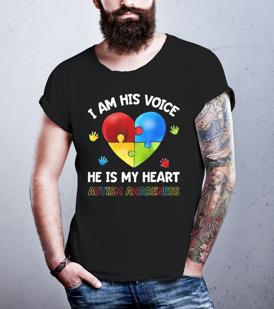 I Am His Voice He Is My Heart Autism Awareness Puzzle Heart And Colorful Handprints T-Shirt