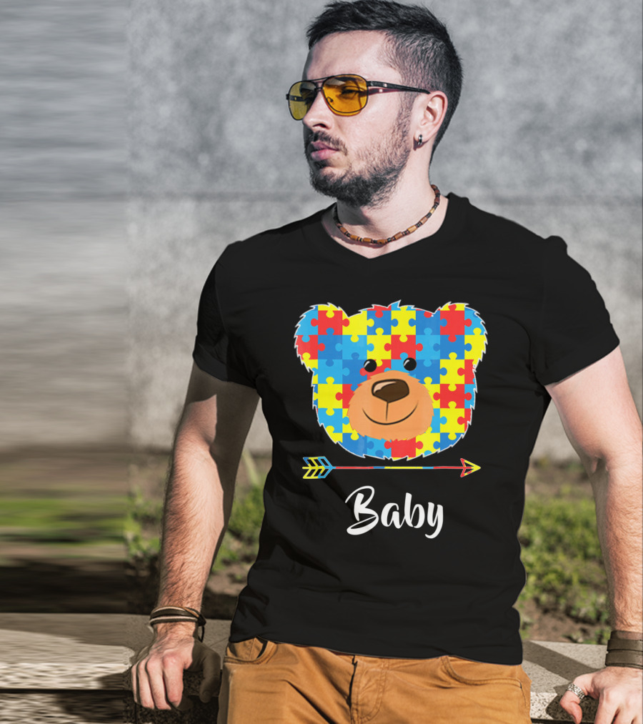 Baby Bear Autism Awareness Puzzle Pattern Cute Face T-Shirt