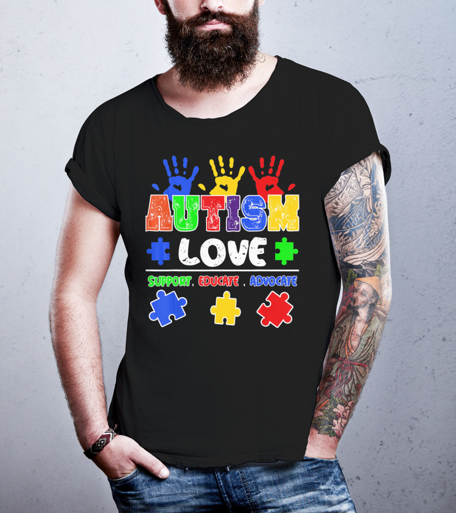 Autism Love Support Educate Advocate Puzzle Handprints T-Shirt