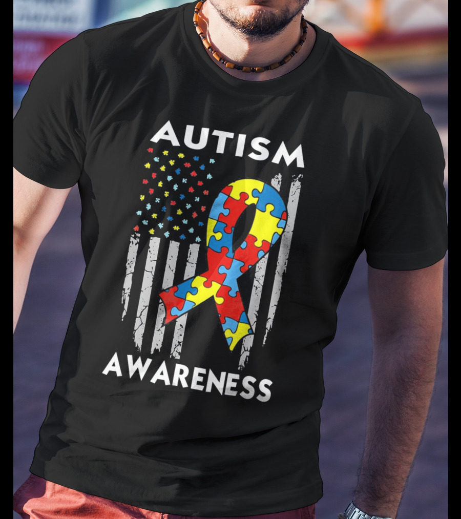 Autism Awareness USA American Flag Puzzle T-Shirt