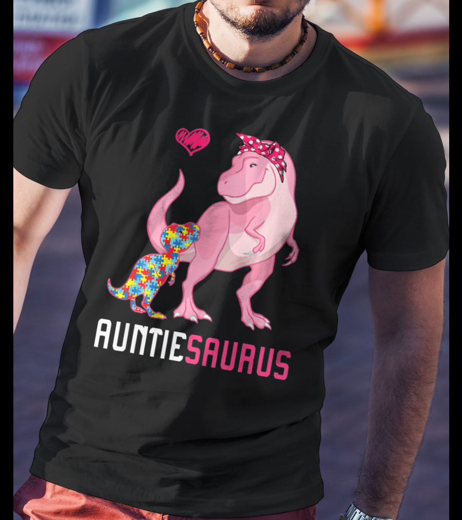 Auntiesaurus Dinosaur Puzzle Piece Heart Autism Awareness T-Shirt