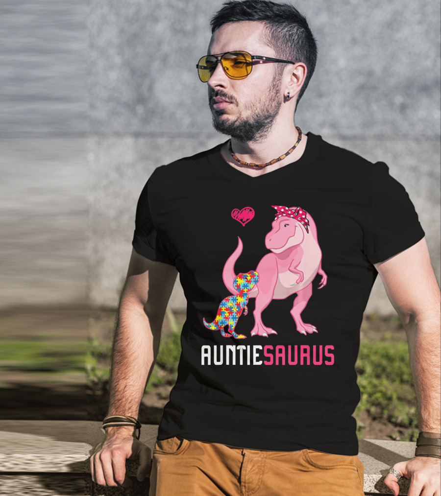 Auntiesaurus Dinosaur Puzzle Piece Heart Autism Awareness T-Shirt