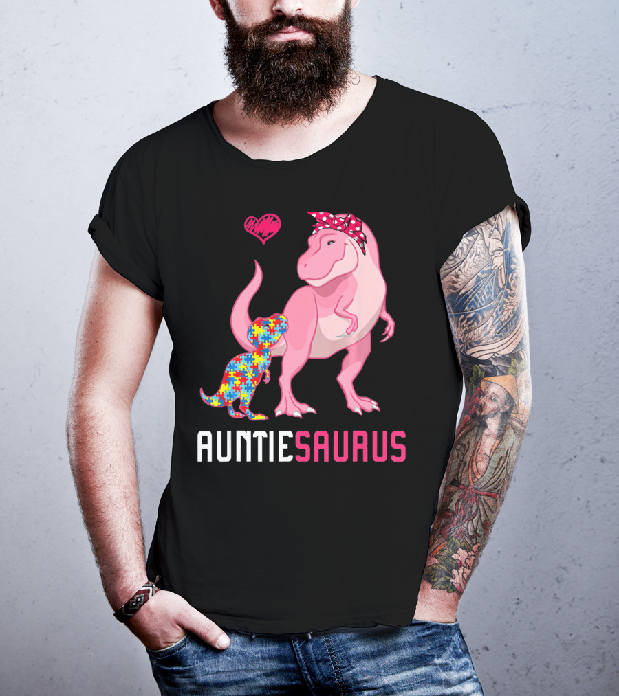 Auntiesaurus Dinosaur Puzzle Piece Heart Autism Awareness T-Shirt