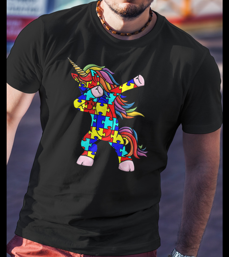 Autism Awareness Unicorn Dabbing Puzzle Pattern Rainbow Mane T-Shirt