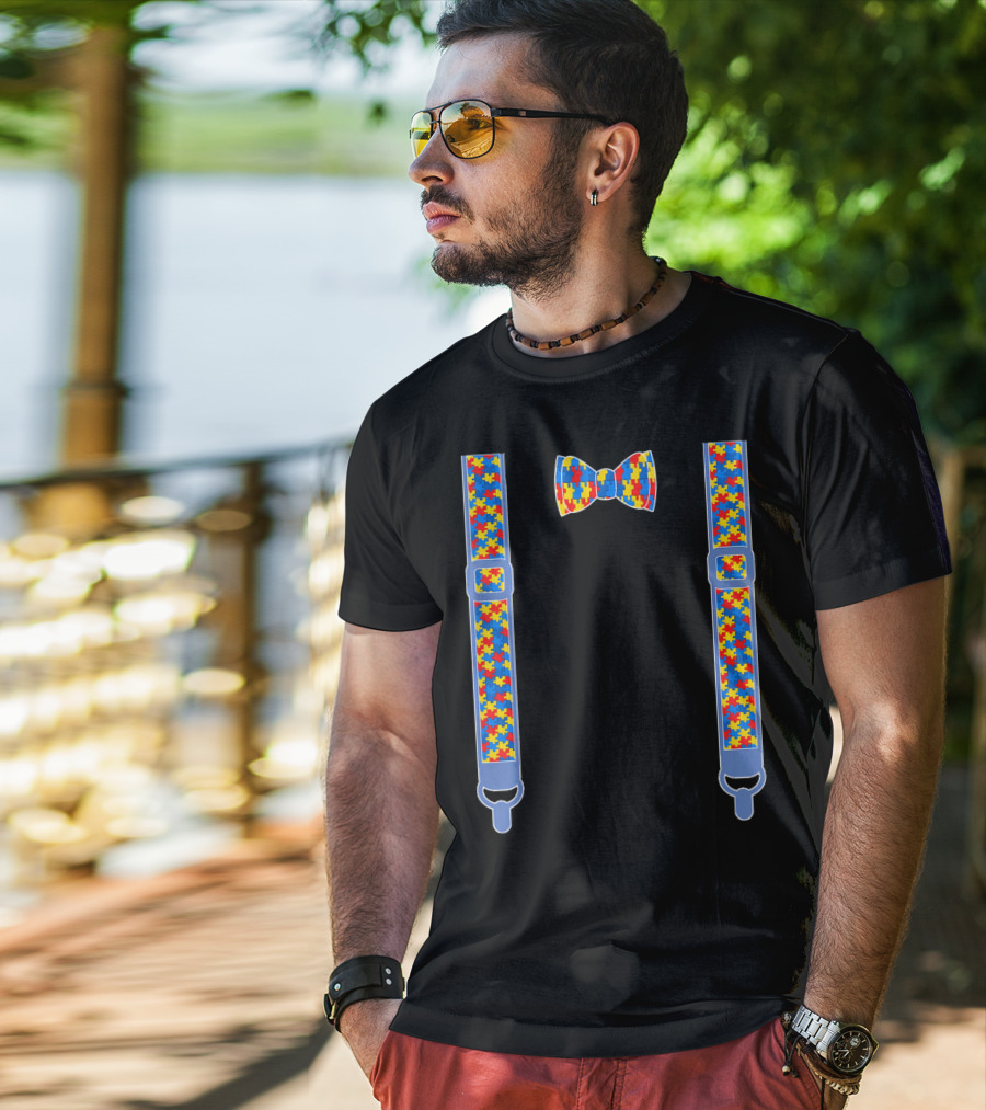 Autism Awareness Puzzle Pattern Bow Tie And Suspenders T-Shirt