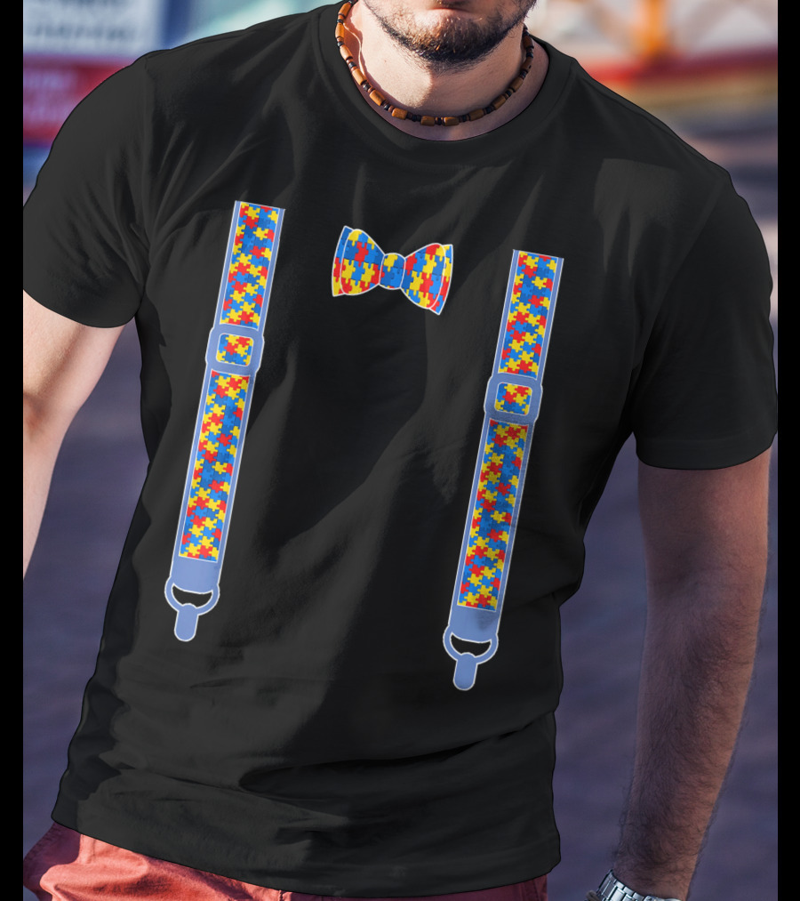 Autism Awareness Puzzle Pattern Bow Tie And Suspenders T-Shirt