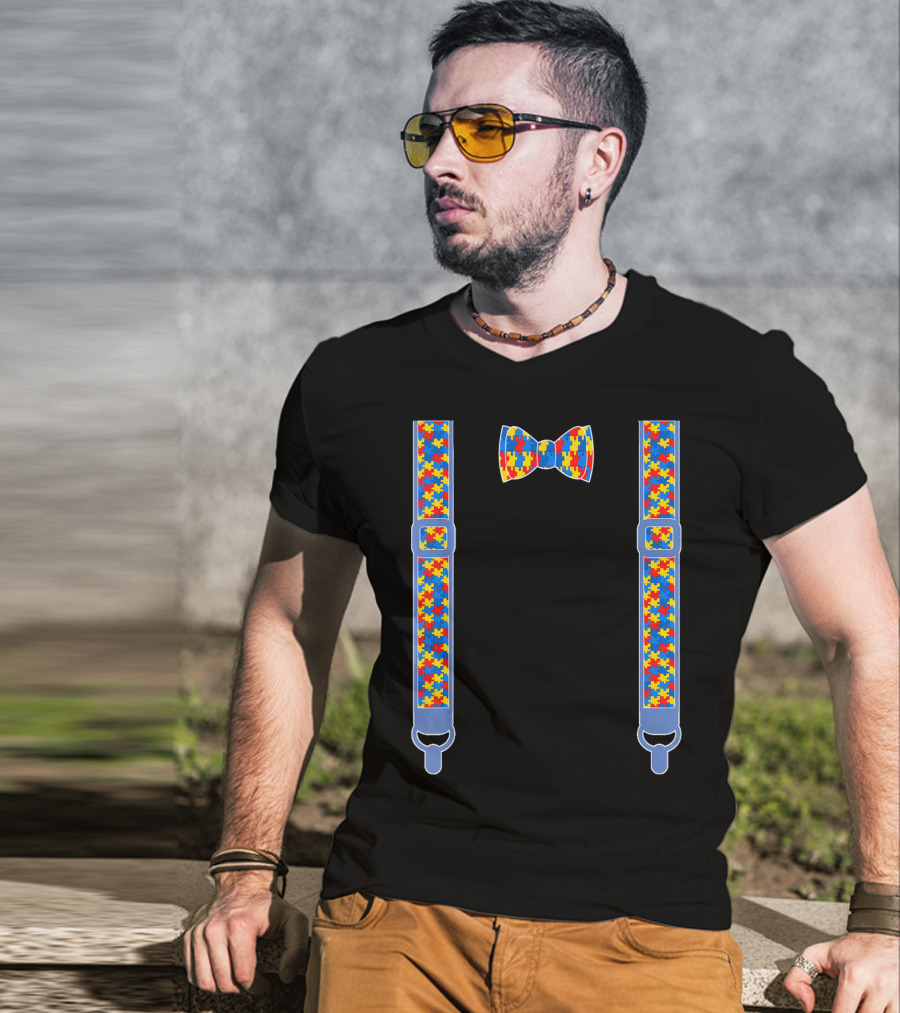 Autism Awareness Puzzle Pattern Bow Tie And Suspenders T-Shirt
