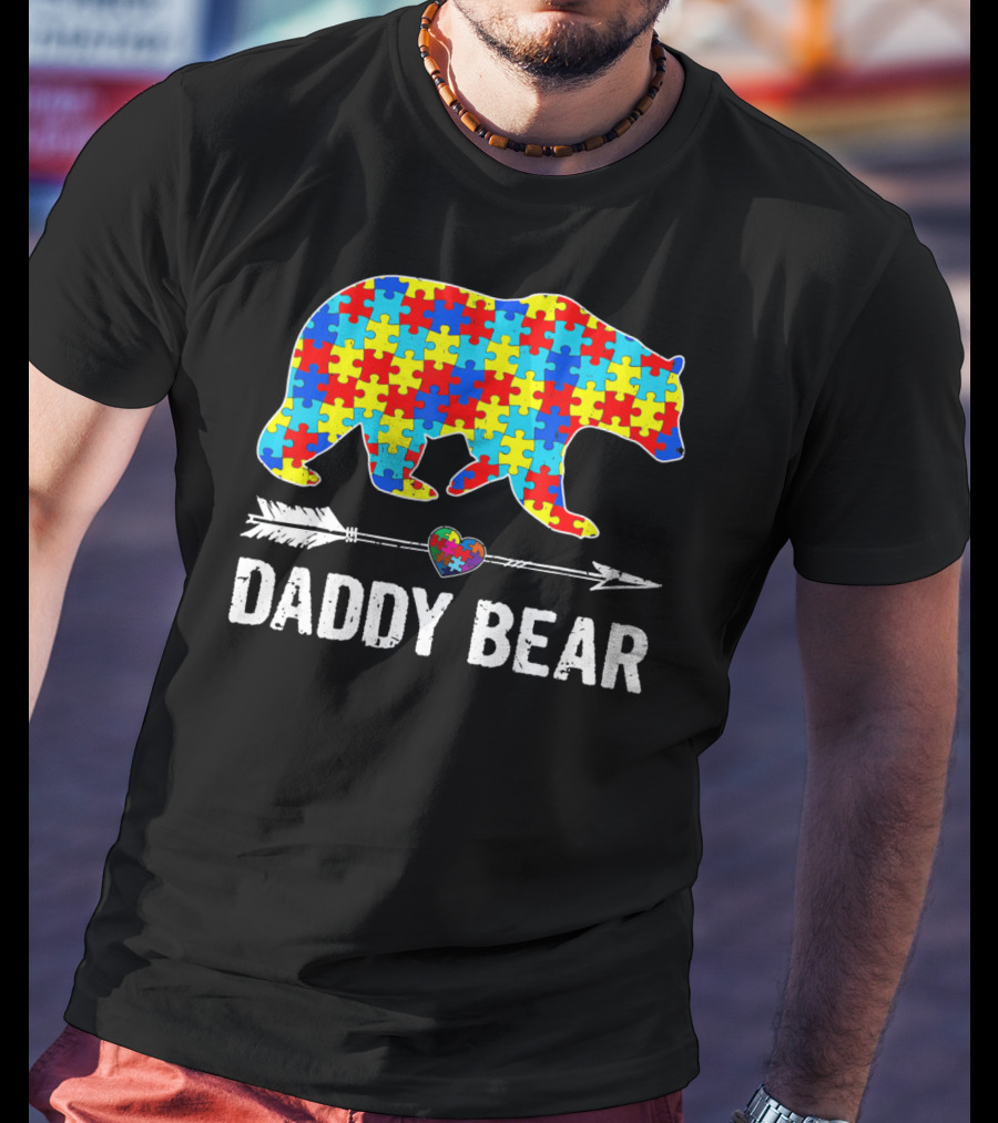 Daddy Bear Heart Arrow Puzzle Autism Awareness T-Shirt