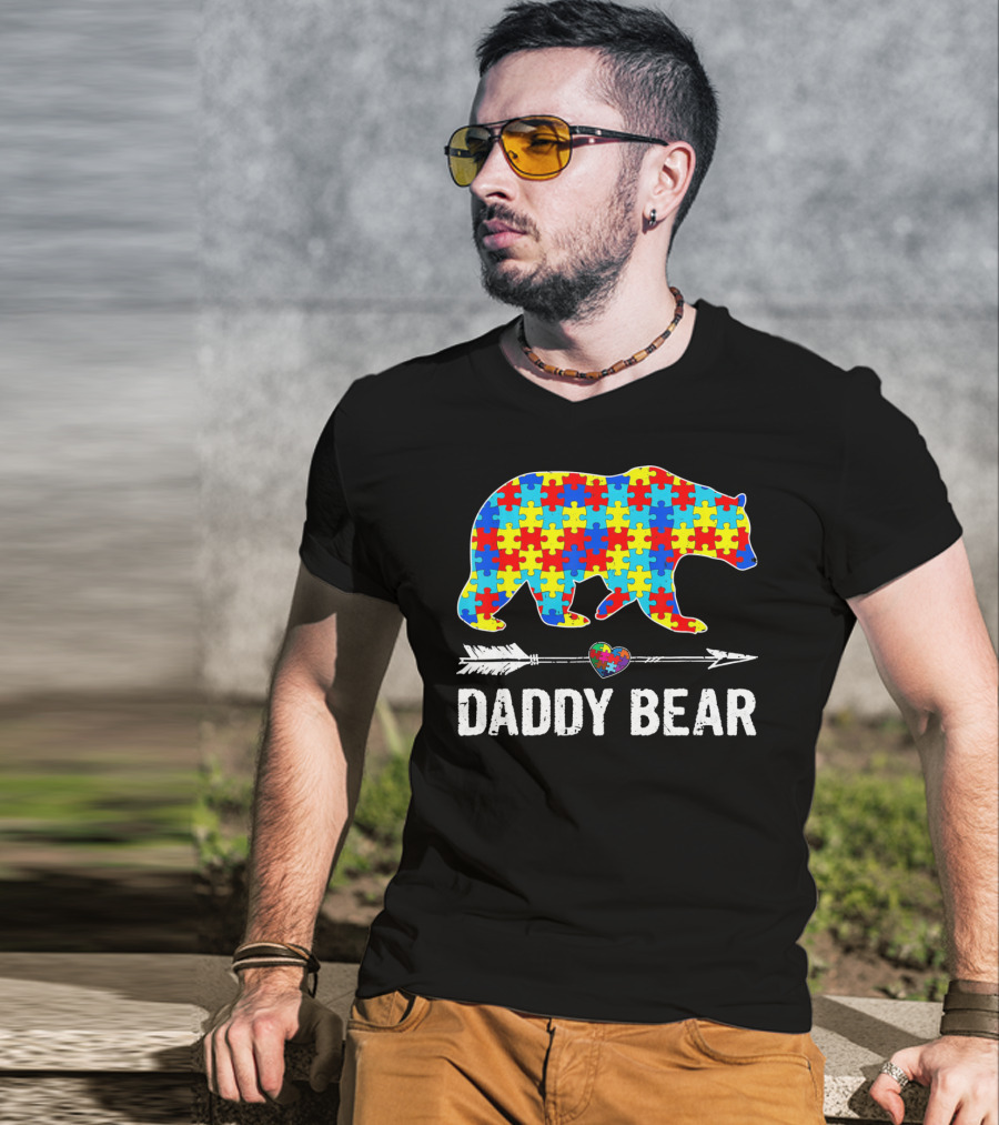 Daddy Bear Heart Arrow Puzzle Autism Awareness T-Shirt