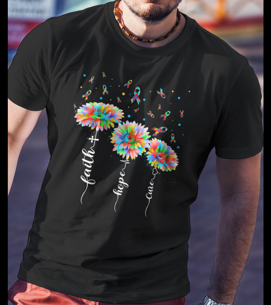 Faith Hope Cure Colorful Sunflowers Autism Awareness Puzzle Pieces T-Shirt