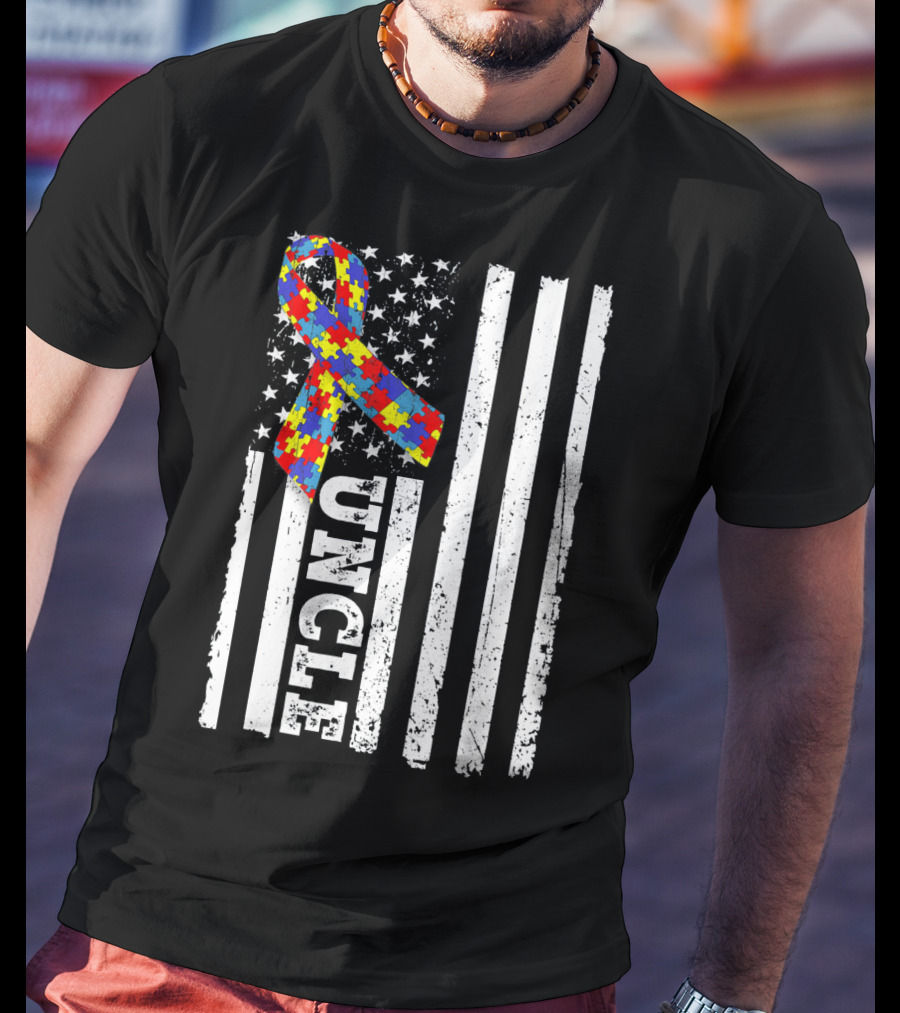 UNCLE Puzzle Ribbon American Flag Autism Awareness T-Shirt
