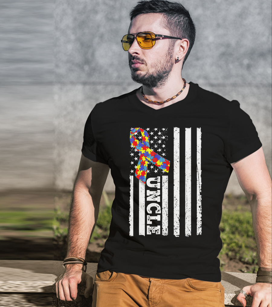 UNCLE Puzzle Ribbon American Flag Autism Awareness T-Shirt