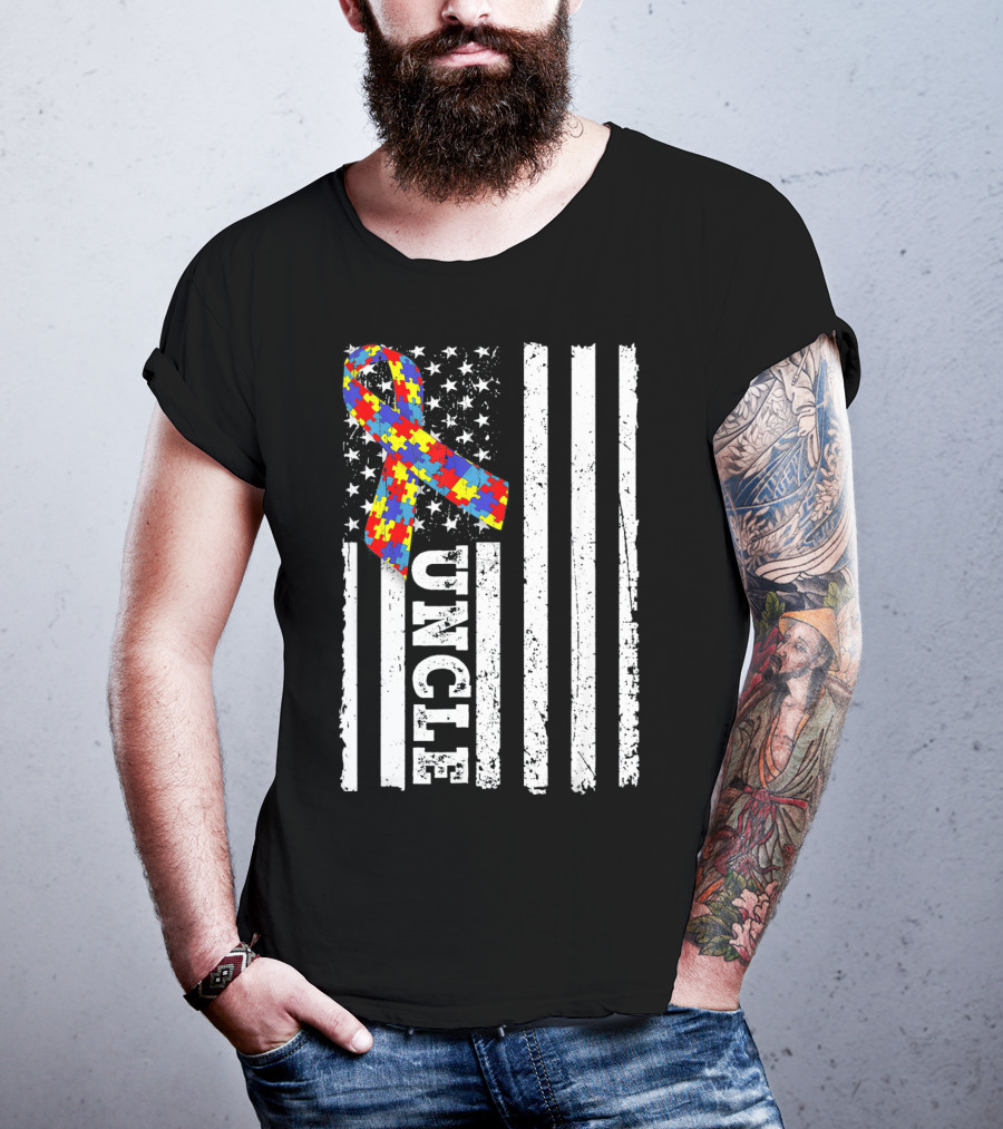 UNCLE Puzzle Ribbon American Flag Autism Awareness T-Shirt
