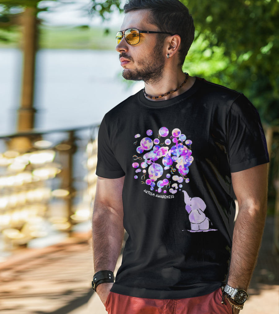 Elephant Blowing Puzzle Pieces Balloons Autism Awareness T-Shirt