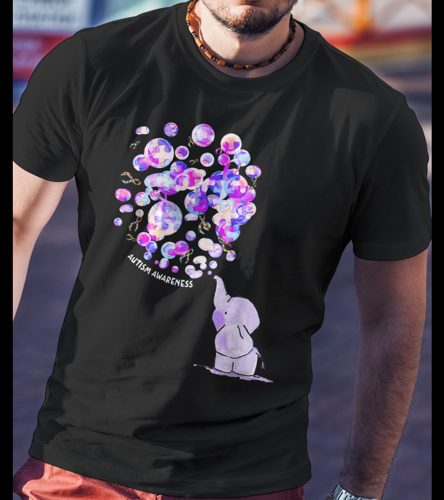 Elephant Blowing Puzzle Pieces Balloons Autism Awareness T-Shirt