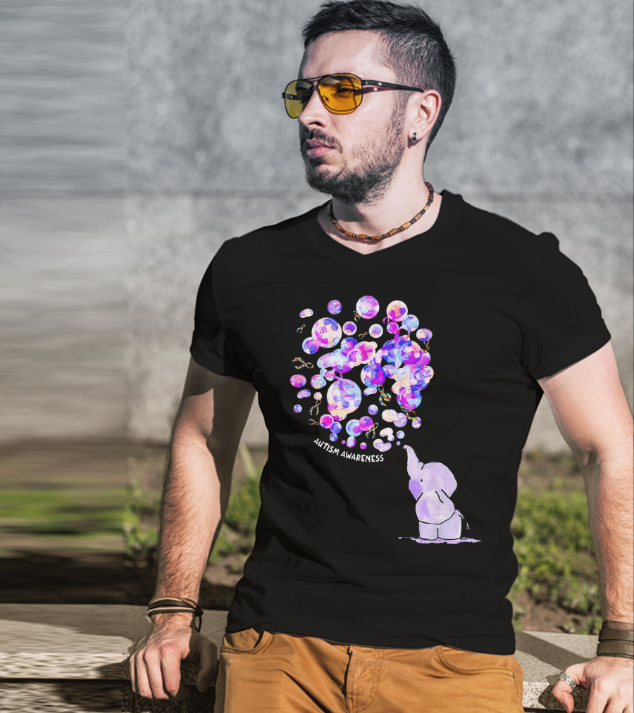 Elephant Blowing Puzzle Pieces Balloons Autism Awareness T-Shirt