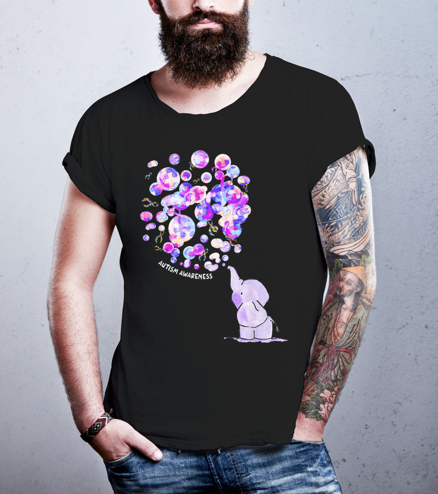 Elephant Blowing Puzzle Pieces Balloons Autism Awareness T-Shirt