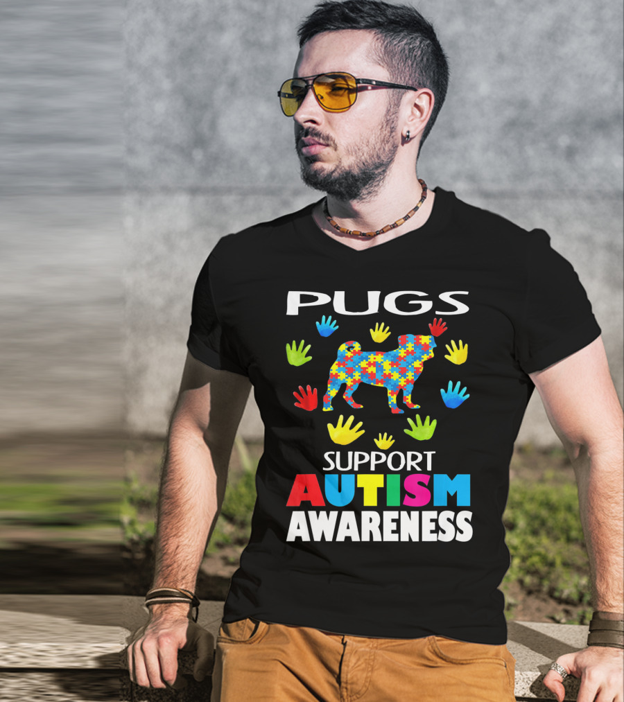 Pugs Support Autism Awareness Puzzle Handprints T-Shirt