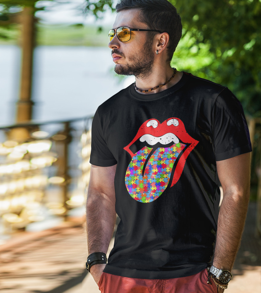 Red Lips Tongue Icon With Colorful Autism Awareness Puzzle Piece T-Shirt