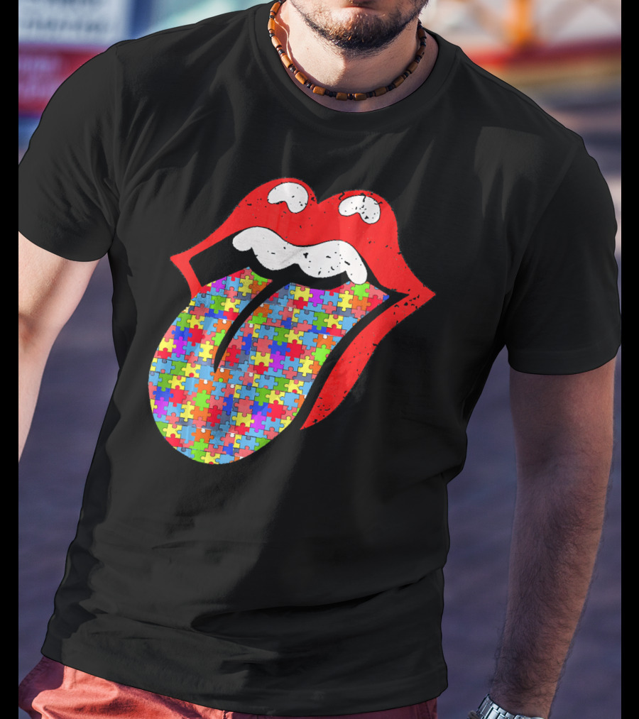 Red Lips Tongue Icon With Colorful Autism Awareness Puzzle Piece T-Shirt