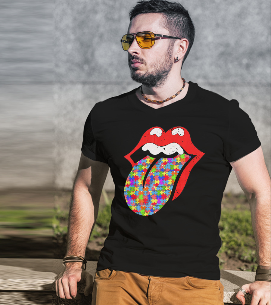Red Lips Tongue Icon With Colorful Autism Awareness Puzzle Piece T-Shirt