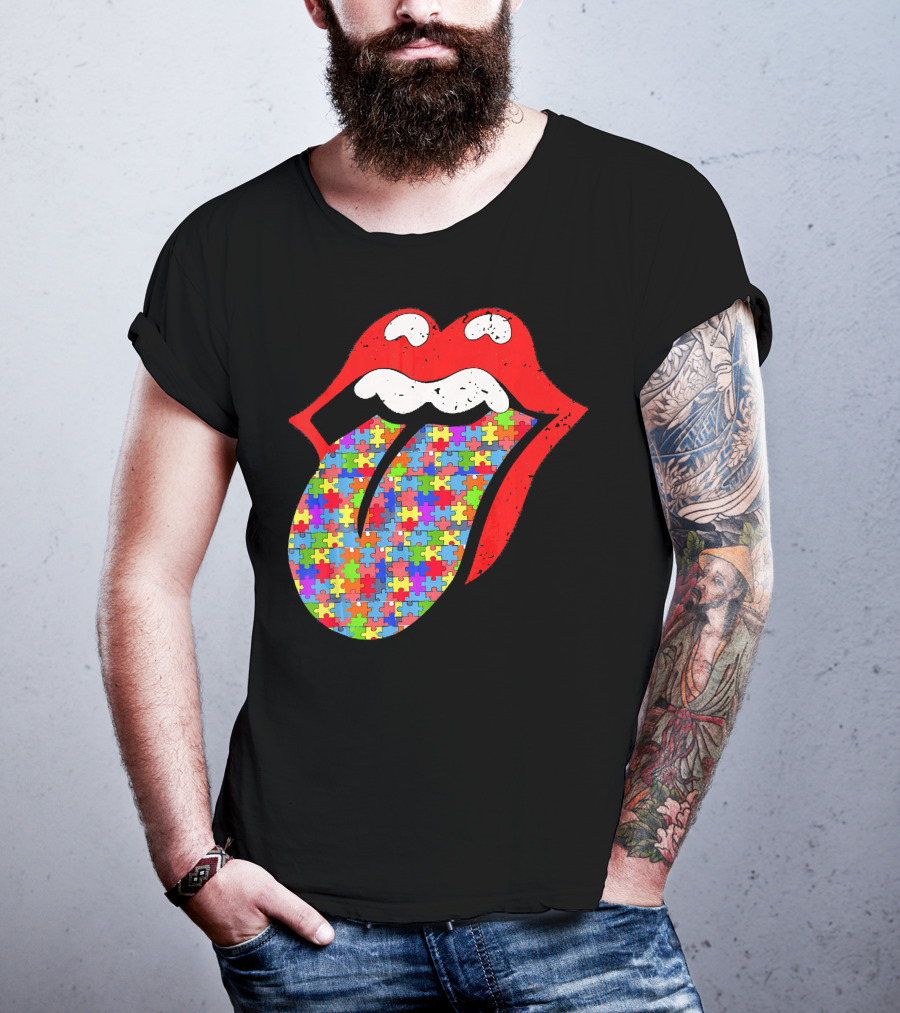 Red Lips Tongue Icon With Colorful Autism Awareness Puzzle Piece T-Shirt