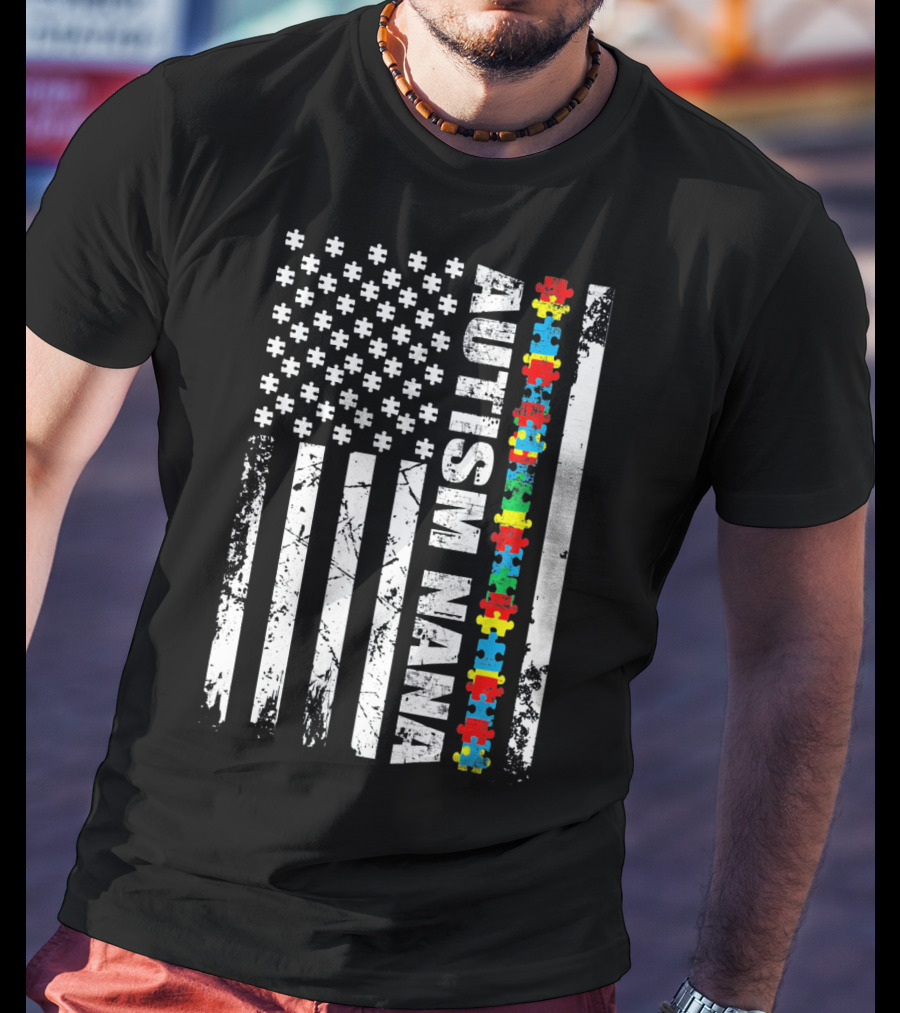 Autism Nana American Flag Puzzle Pieces Autism Awareness T-Shirt