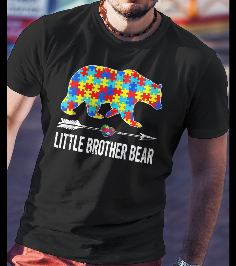 Proud Little Brother Bear Autism Awareness Puzzle T-Shirt