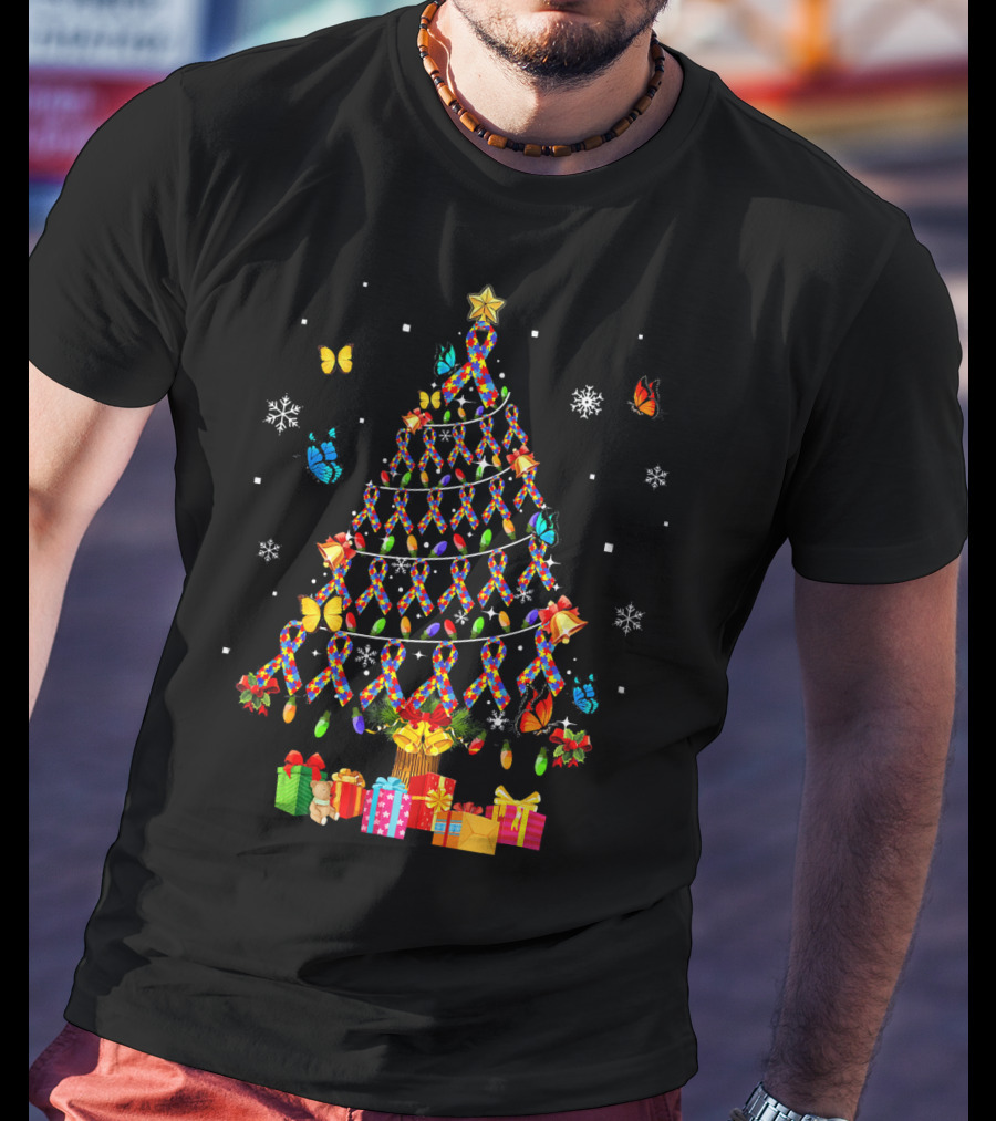 Autism Awareness Christmas Tree With Ribbons Butterflies And Snowflakes T-Shirt