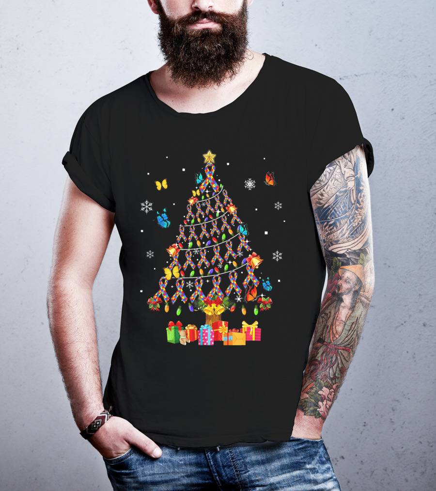Autism Awareness Christmas Tree With Ribbons Butterflies And Snowflakes T-Shirt
