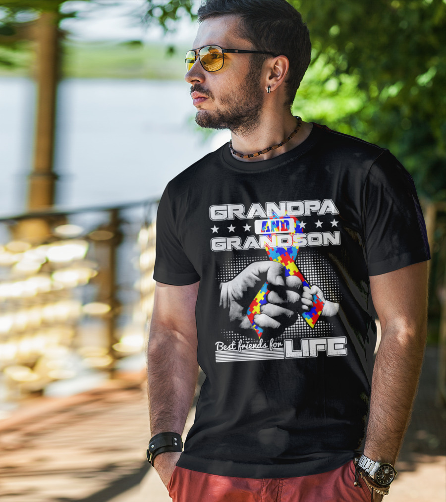 Grandpa And Grandson Best Friends For Life With Autism Puzzle T-Shirt
