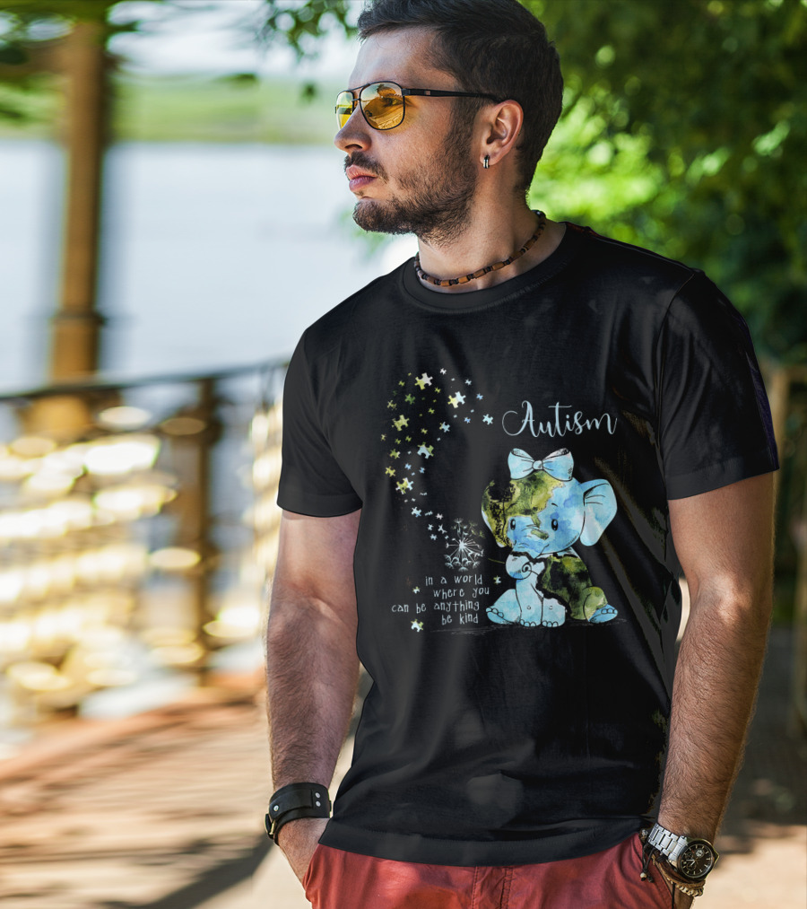 Autism Awareness Be Kind Elephant Dandelion Puzzle Pieces T-Shirt