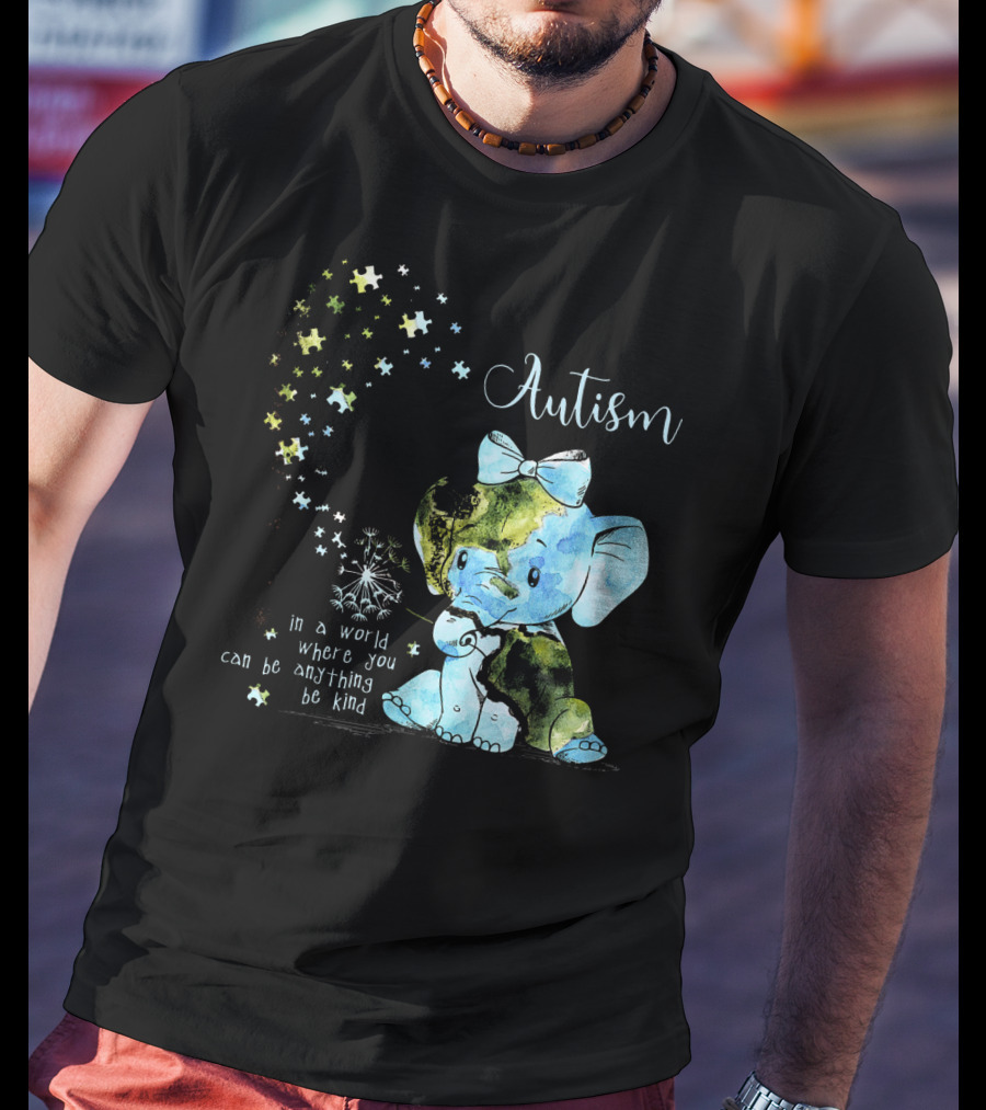 Autism Awareness Be Kind Elephant Dandelion Puzzle Pieces T-Shirt