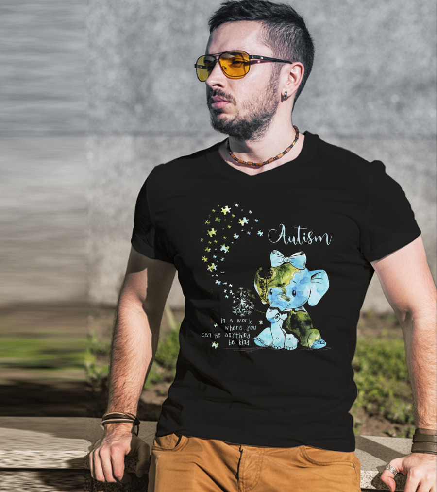 Autism Awareness Be Kind Elephant Dandelion Puzzle Pieces T-Shirt