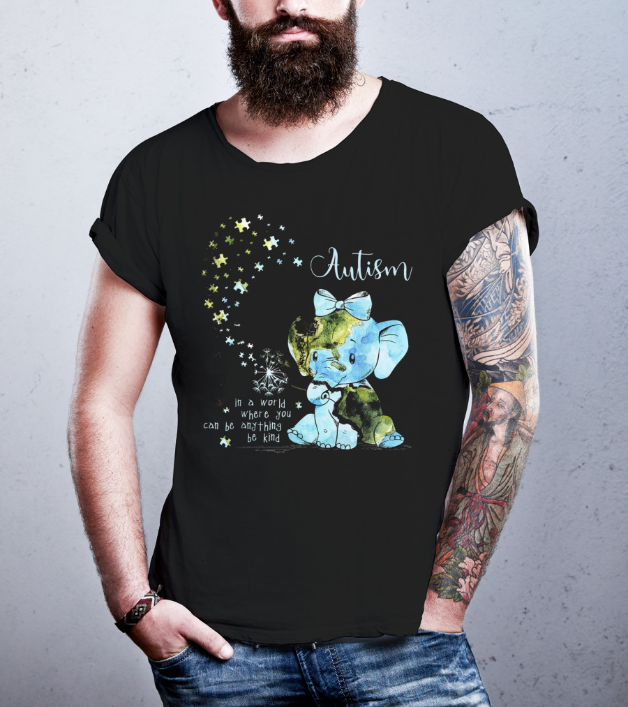 Autism Awareness Be Kind Elephant Dandelion Puzzle Pieces T-Shirt